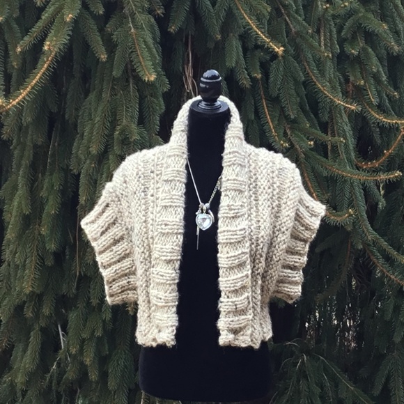 Hand Knit Cropped Shawl Collar Sweater - Picture 1 of 2